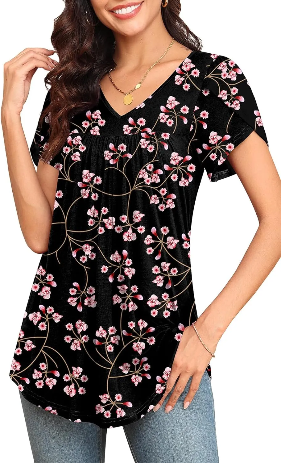 LAOLASI Womens 2025 Summer Tunic Petal Short Sleeve Casual Tops V Neck Flowy Tee Hide Belly Shirt Blouse
