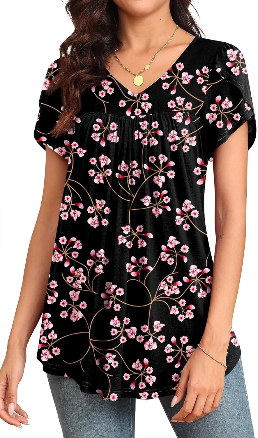 LAOLASI Womens 2025 Summer Tunic Petal Short Sleeve Casual Tops V Neck Flowy Tee Hide Belly Shirt Blouse