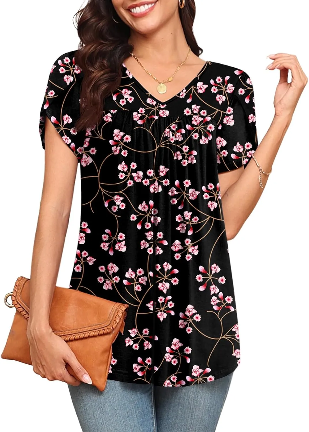 LAOLASI Womens 2025 Summer Tunic Petal Short Sleeve Casual Tops V Neck Flowy Tee Hide Belly Shirt Blouse