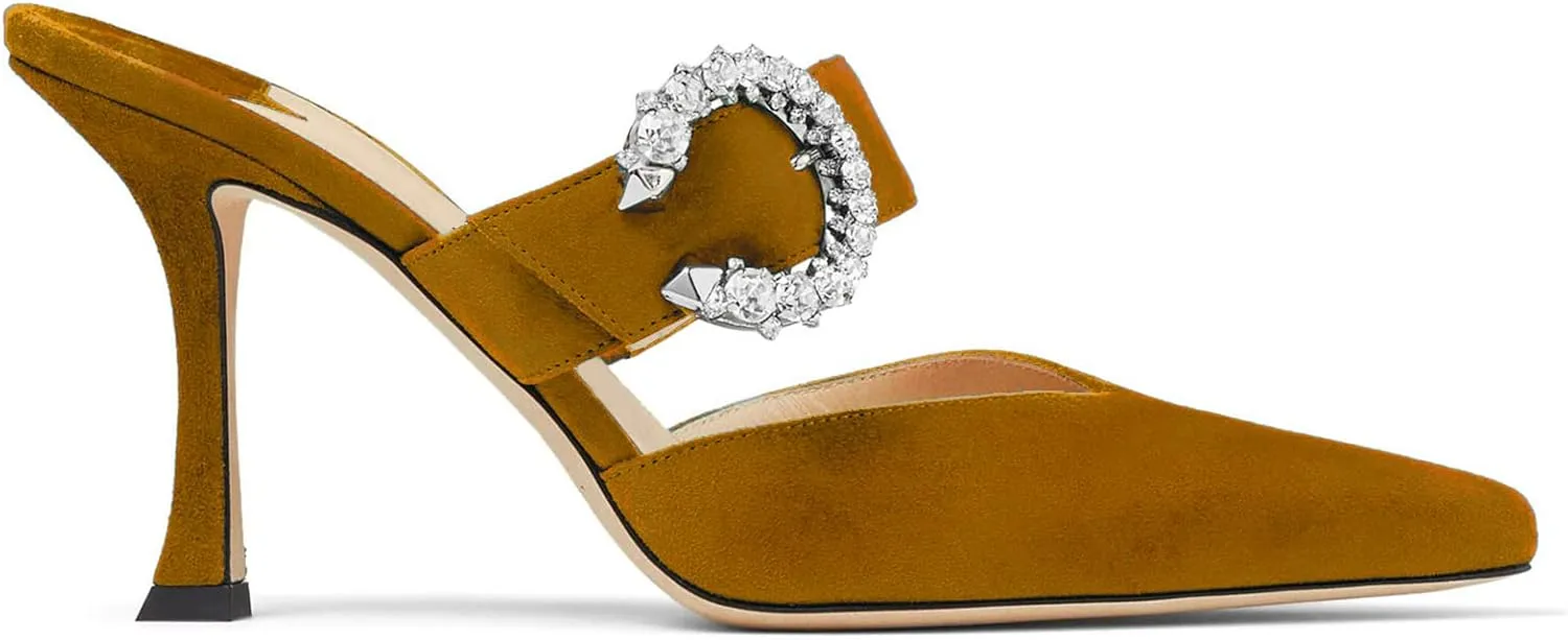 LauraVicci Women's Heeled Mules Crystal Horseshoe Buckle Pointed Toe Slip on Sandals 3.5 inches Curved Stiletto Heel Shoes