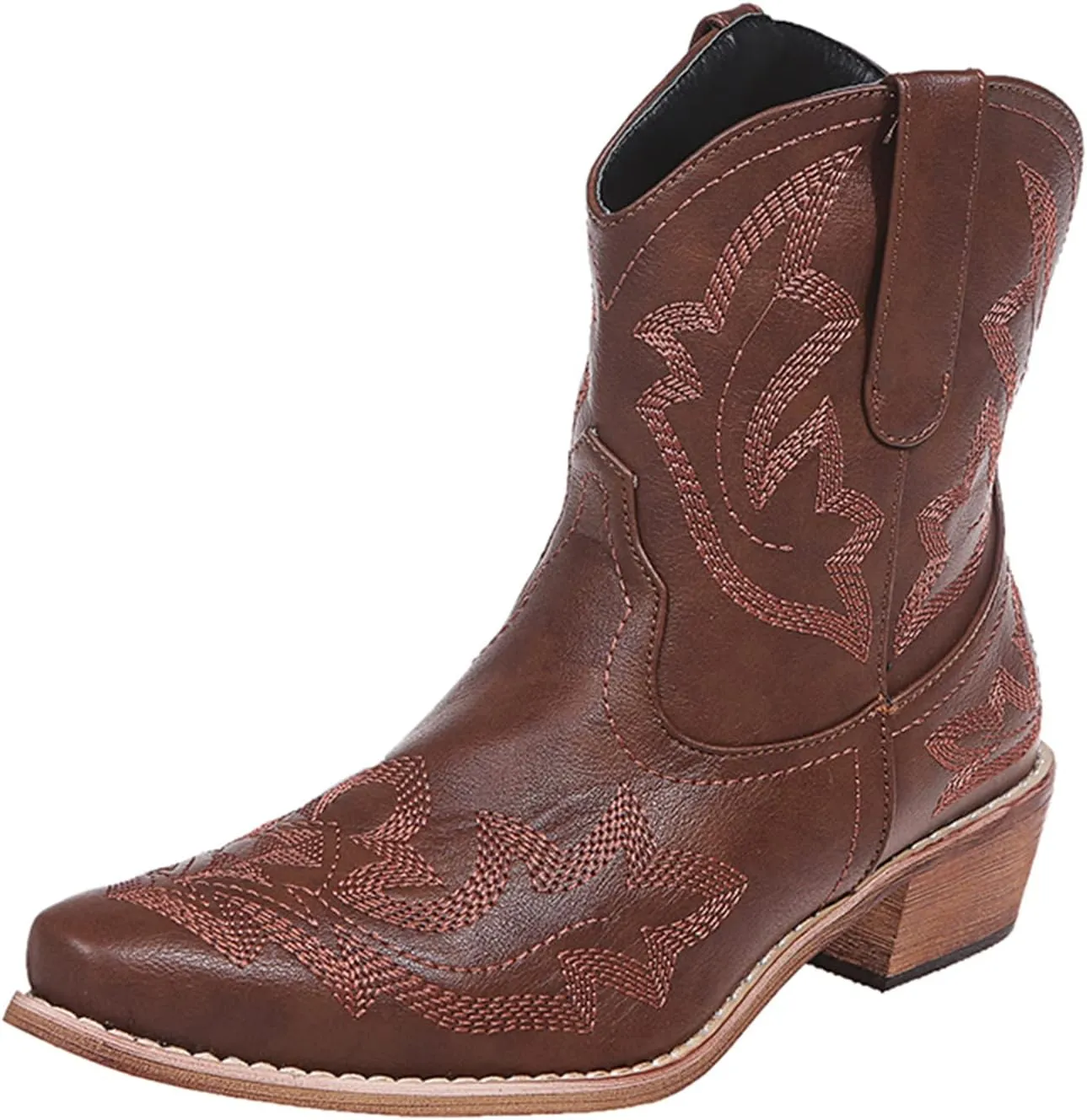 Lausiuoe Boots For Women Cowboy Style Wide Calf Cowgirl Western Embroidery Low Heel Knee High Fashion Chunky Boots
