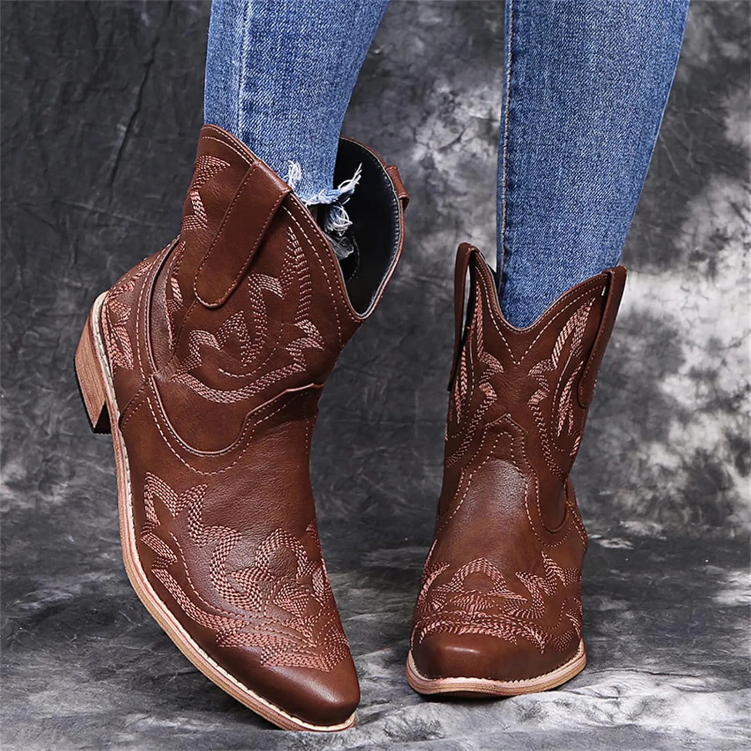 Lausiuoe Boots For Women Cowboy Style Wide Calf Cowgirl Western Embroidery Low Heel Knee High Fashion Chunky Boots
