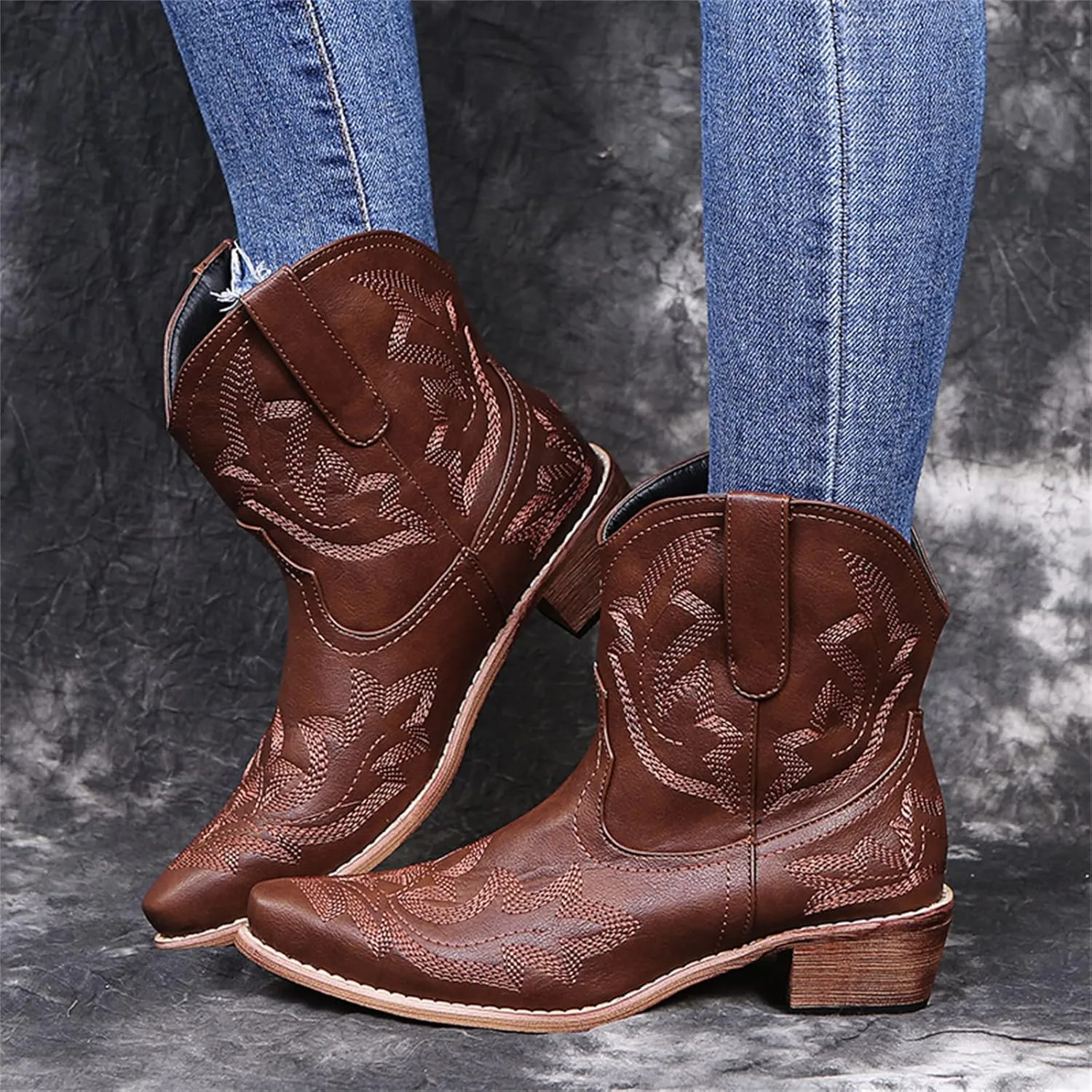 Lausiuoe Boots For Women Cowboy Style Wide Calf Cowgirl Western Embroidery Low Heel Knee High Fashion Chunky Boots