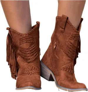 Lausiuoe Cowboy Boots For Women Short Fringe Western Cowgirl Ankle Boots Ladies Casual Dressy Wide Calf Booties Shoes