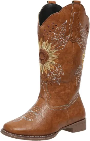Lausiuoe Cowboy Boots For Women Wide Calf Low Heel Embroidered Western Cowgirl Style Chunky Short Ankle Booties Pull-On