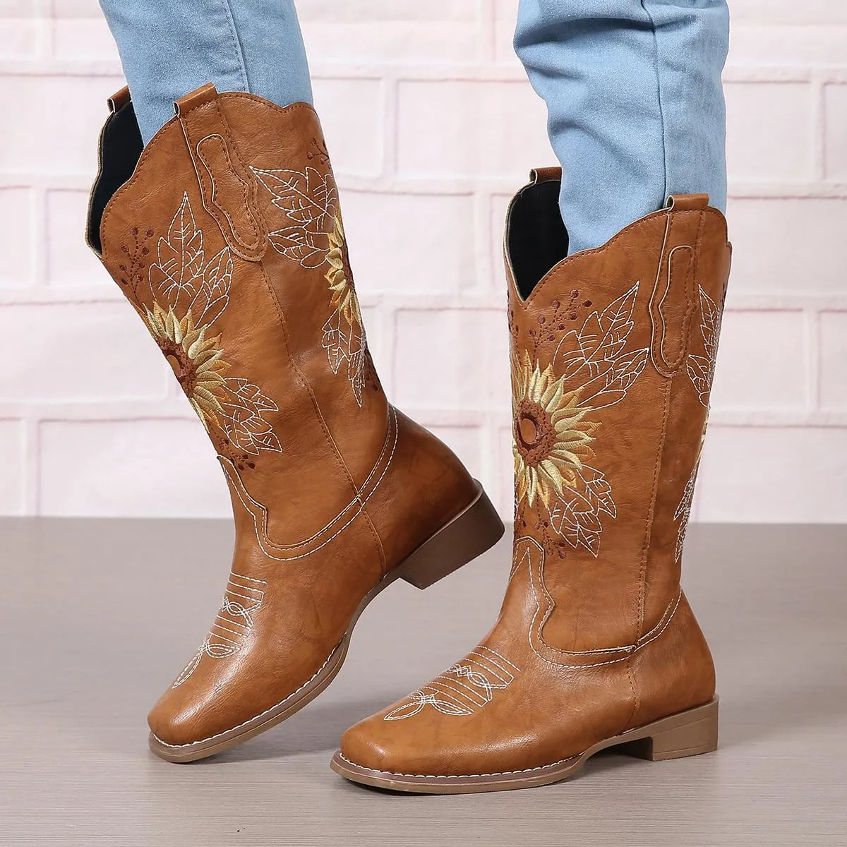 Lausiuoe Cowboy Boots For Women Wide Calf Low Heel Embroidered Western Cowgirl Style Chunky Short Ankle Booties Pull-On