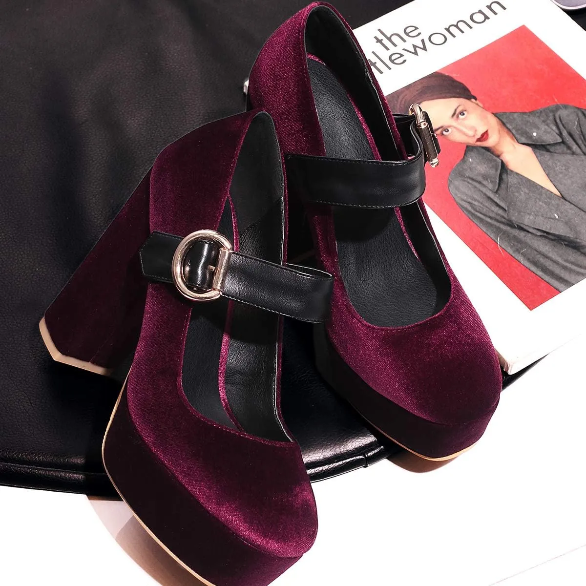 LEHOOR Women Chunky High Heel Round Toe Loafer Pumps Platform Mary Jane Ankle Strap Buckle Ladies Shoes Fashion 4-10 M US