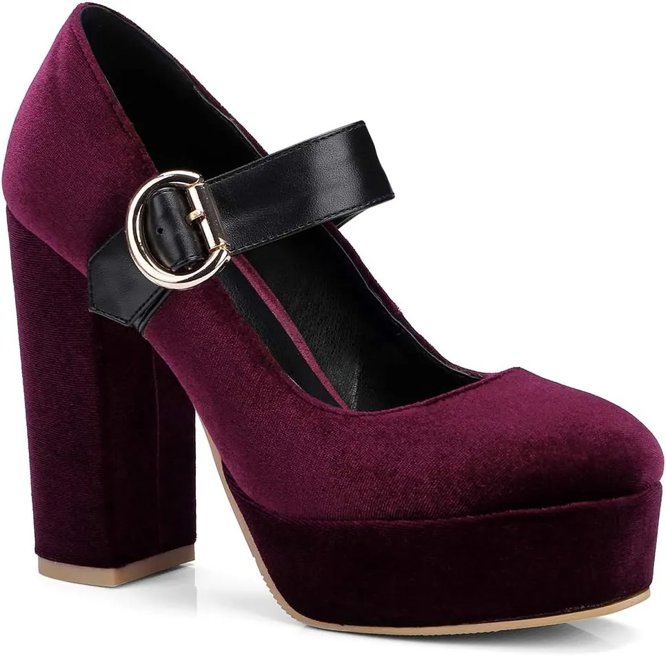 LEHOOR Women Chunky High Heel Round Toe Loafer Pumps Platform Mary Jane Ankle Strap Buckle Ladies Shoes Fashion 4-10 M US