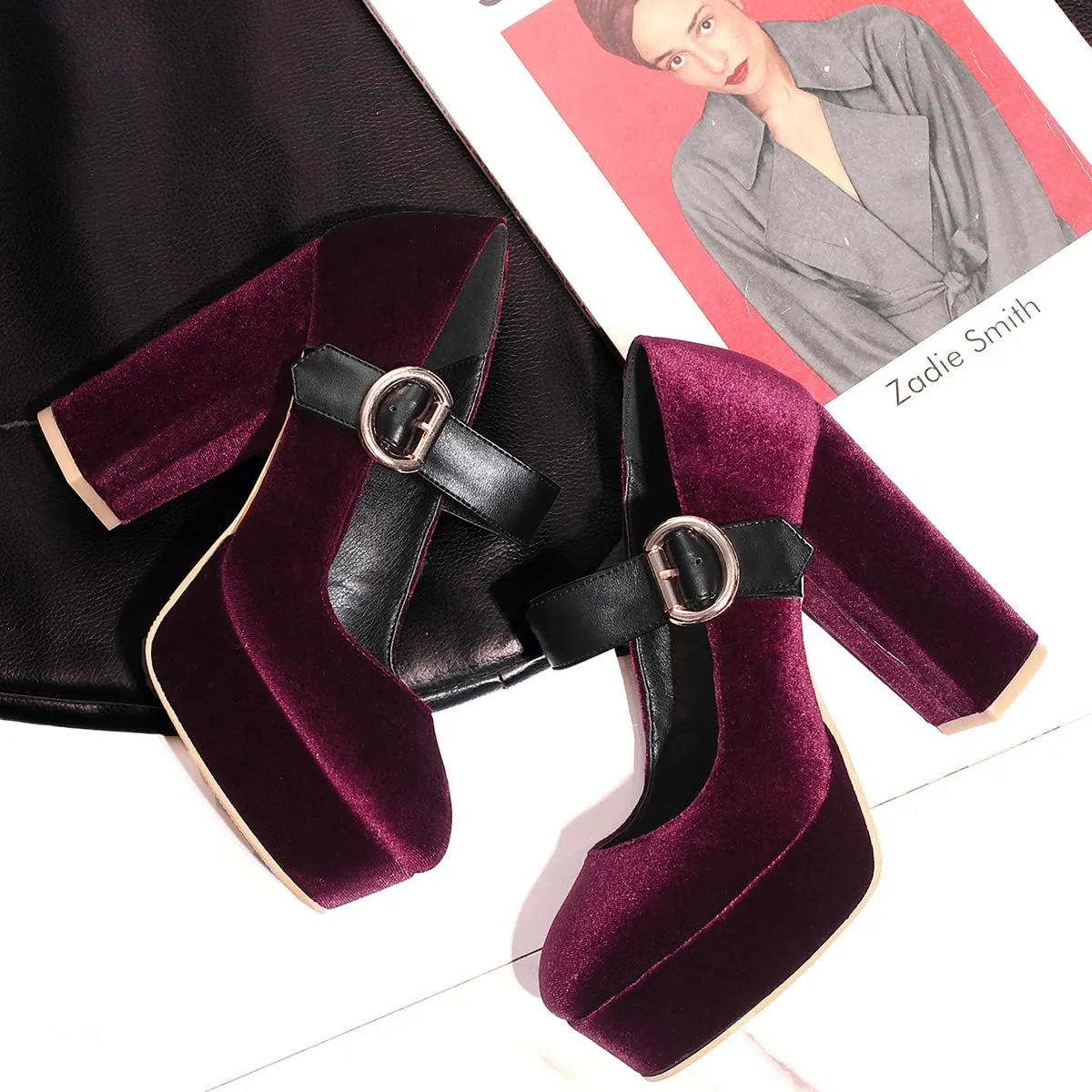 LEHOOR Women Chunky High Heel Round Toe Loafer Pumps Platform Mary Jane Ankle Strap Buckle Ladies Shoes Fashion 4-10 M US