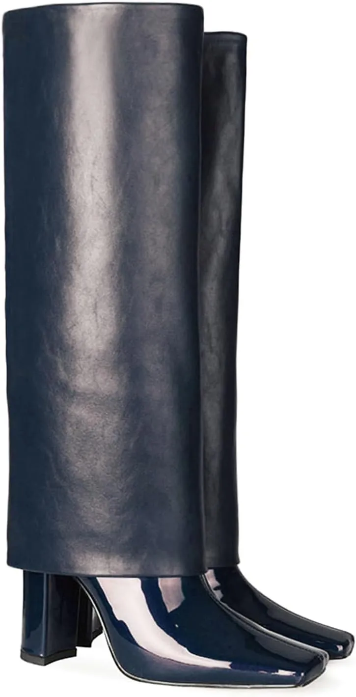 LEHOOR Women Fashion Fold Over Knee High Boots Wide Calf Chunky Block High Heel Square Toe Dress Boots Vintage Pull On Trouser Leg Covered Boots Tall Suede Fall Winter Boot Chic Retro 4-12 M US