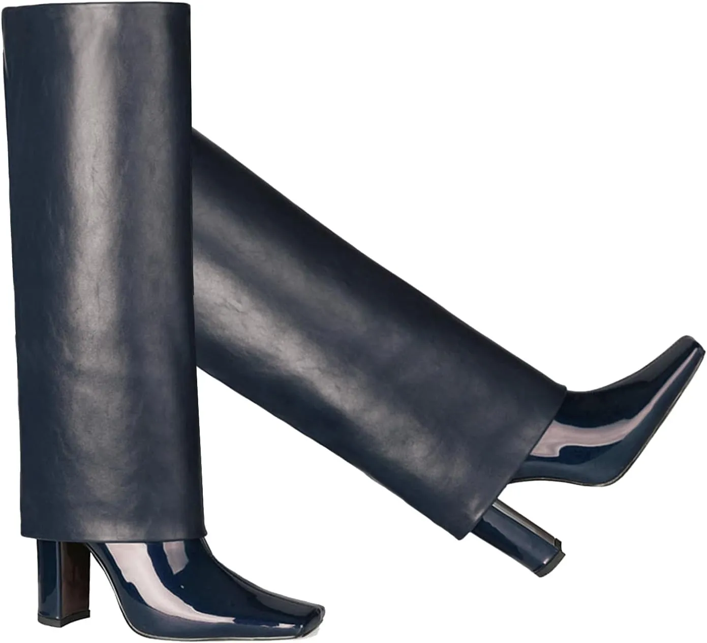 LEHOOR Women Fashion Fold Over Knee High Boots Wide Calf Chunky Block High Heel Square Toe Dress Boots Vintage Pull On Trouser Leg Covered Boots Tall Suede Fall Winter Boot Chic Retro 4-12 M US