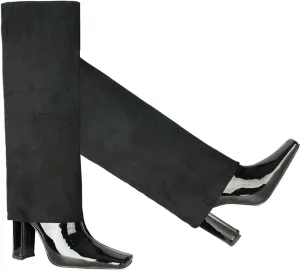LEHOOR Women Fashion Fold Over Knee High Boots Wide Calf Chunky Block High Heel Square Toe Dress Boots Vintage Pull On Trouser Leg Covered Boots Tall Suede Fall Winter Boot Chic Retro 4-12 M US