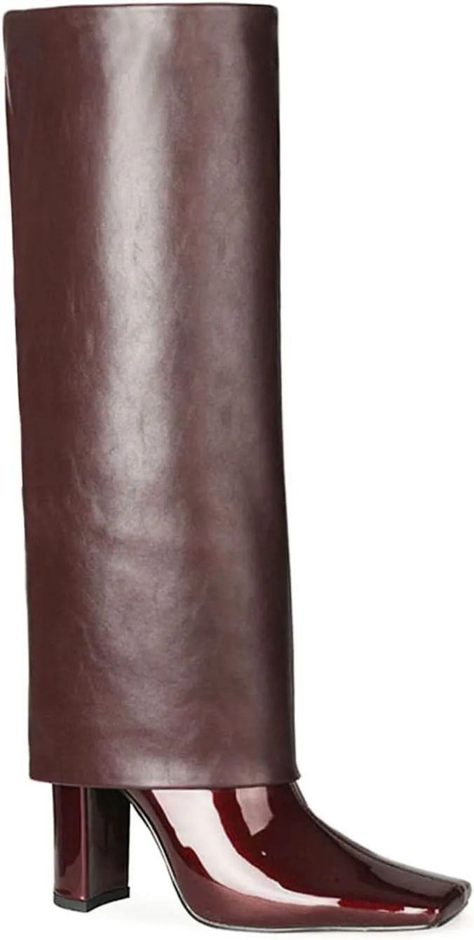 LEHOOR Women Fashion Fold Over Knee High Boots Wide Calf Chunky Block High Heel Square Toe Dress Boots Vintage Pull On Trouser Leg Covered Boots Tall Suede Fall Winter Boot Chic Retro 4-12 M US