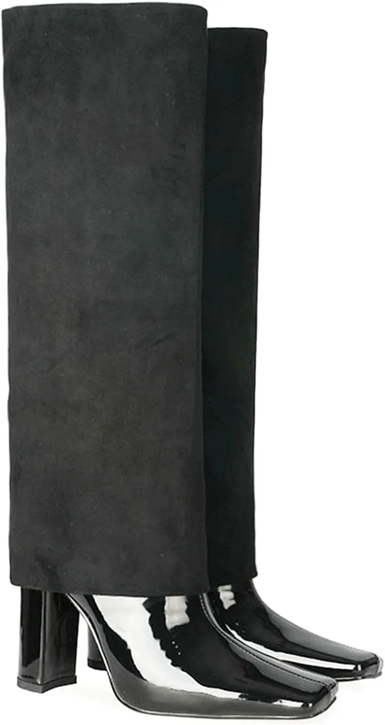 LEHOOR Women Fashion Fold Over Knee High Boots Wide Calf Chunky Block High Heel Square Toe Dress Boots Vintage Pull On Trouser Leg Covered Boots Tall Suede Fall Winter Boot Chic Retro 4-12 M US
