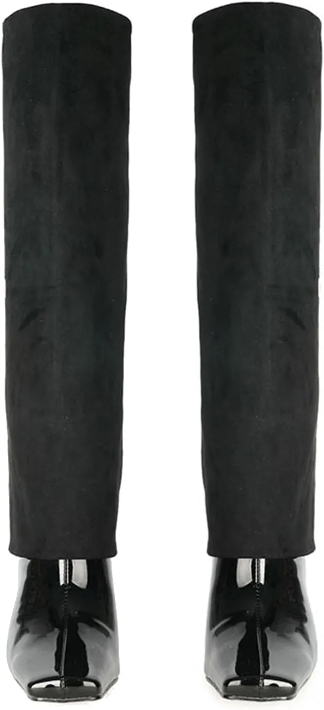 LEHOOR Women Fashion Fold Over Knee High Boots Wide Calf Chunky Block High Heel Square Toe Dress Boots Vintage Pull On Trouser Leg Covered Boots Tall Suede Fall Winter Boot Chic Retro 4-12 M US