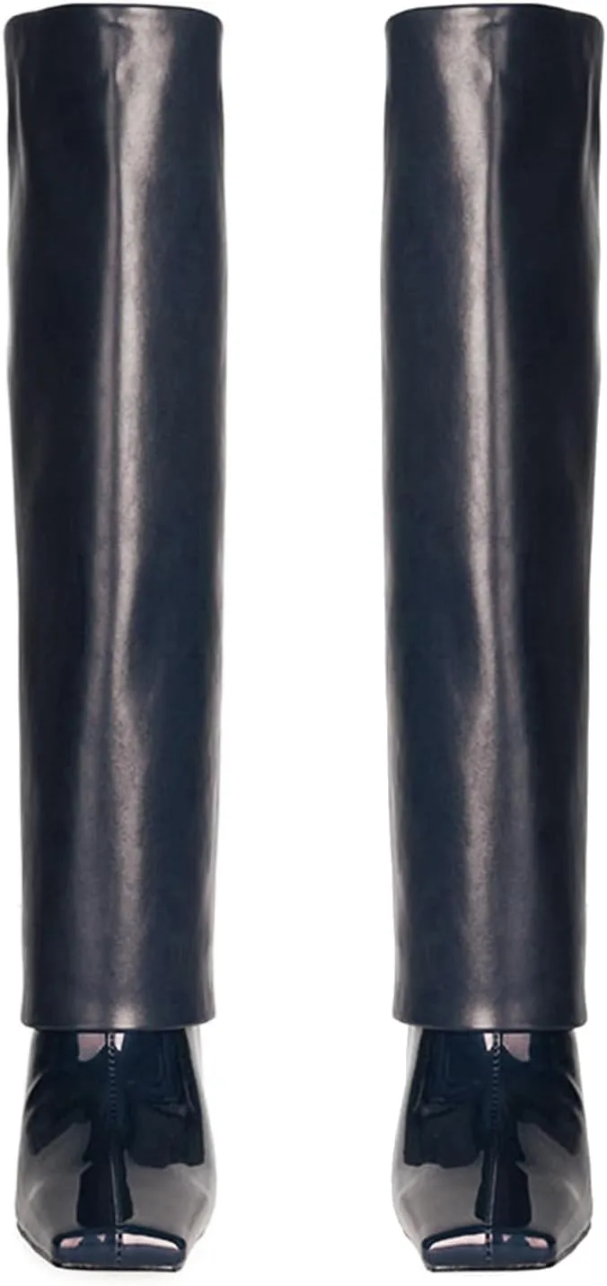 LEHOOR Women Fashion Fold Over Knee High Boots Wide Calf Chunky Block High Heel Square Toe Dress Boots Vintage Pull On Trouser Leg Covered Boots Tall Suede Fall Winter Boot Chic Retro 4-12 M US