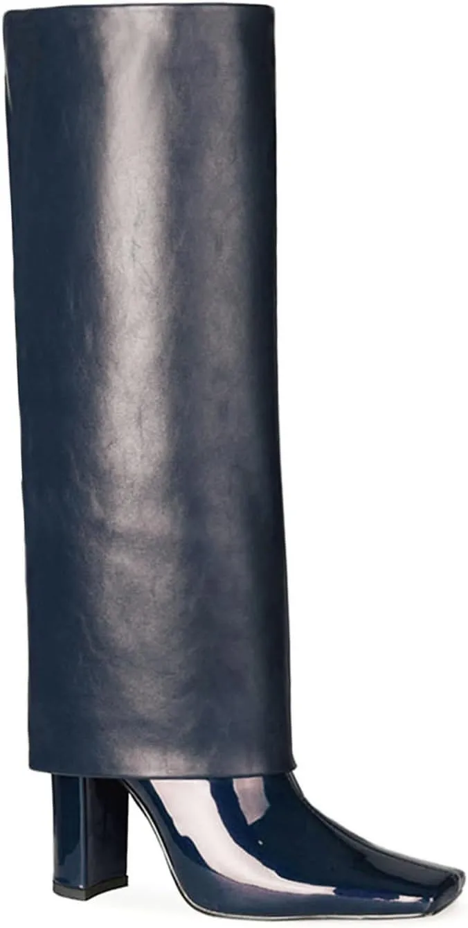 LEHOOR Women Fashion Fold Over Knee High Boots Wide Calf Chunky Block High Heel Square Toe Dress Boots Vintage Pull On Trouser Leg Covered Boots Tall Suede Fall Winter Boot Chic Retro 4-12 M US