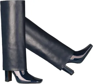 LEHOOR Women Fashion Fold Over Knee High Boots Wide Calf Chunky Block High Heel Square Toe Dress Boots Vintage Pull On Trouser Leg Covered Boots Tall Suede Fall Winter Boot Chic Retro 4-12 M US