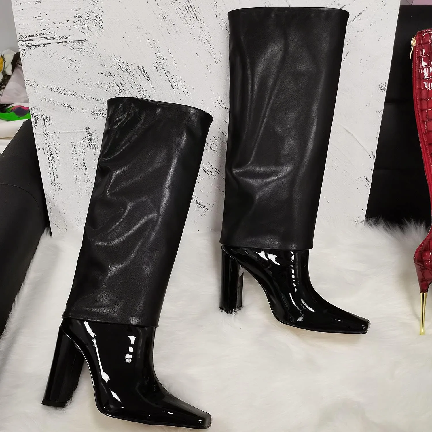 LEHOOR Women Fashion Fold Over Knee High Boots Wide Calf Chunky Block High Heel Square Toe Dress Boots Vintage Pull On Trouser Leg Covered Boots Tall Suede Fall Winter Boot Chic Retro 4-12 M US