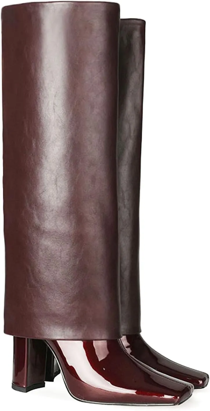 LEHOOR Women Fashion Fold Over Knee High Boots Wide Calf Chunky Block High Heel Square Toe Dress Boots Vintage Pull On Trouser Leg Covered Boots Tall Suede Fall Winter Boot Chic Retro 4-12 M US