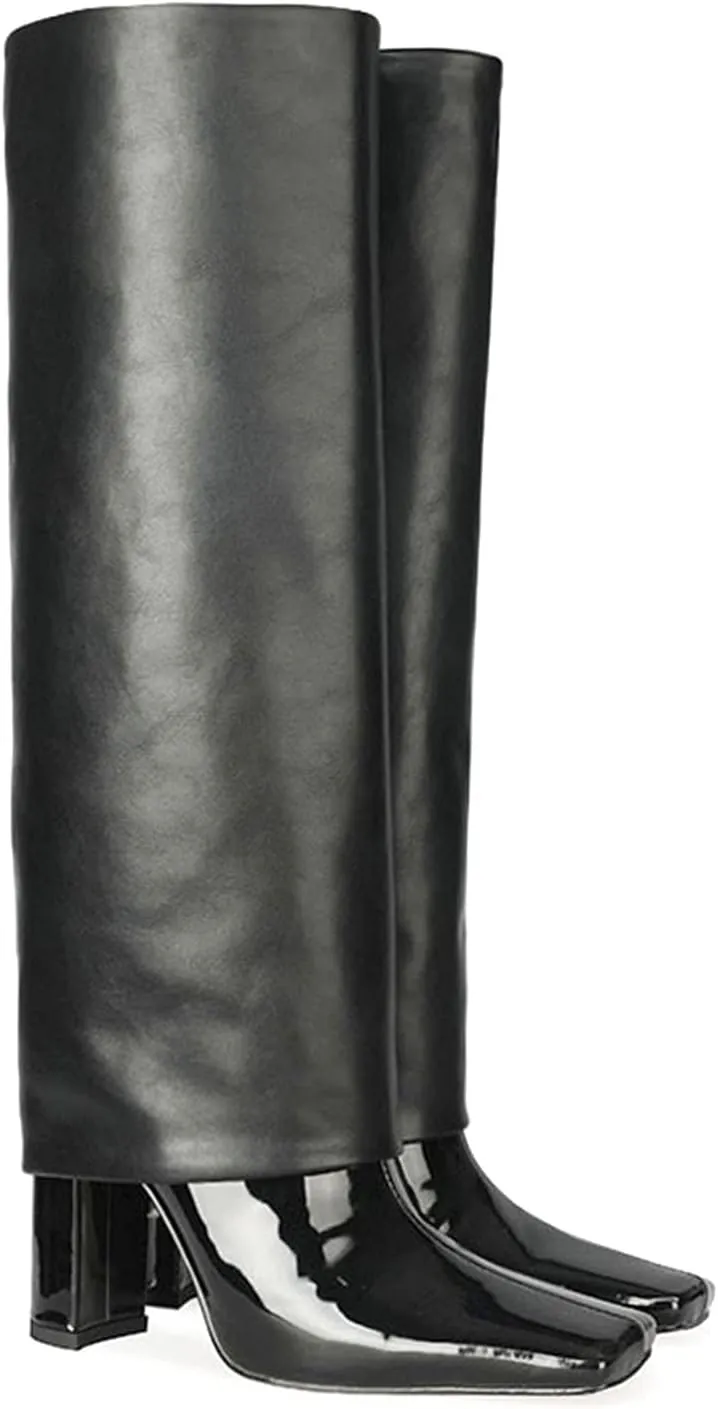 LEHOOR Women Fashion Fold Over Knee High Boots Wide Calf Chunky Block High Heel Square Toe Dress Boots Vintage Pull On Trouser Leg Covered Boots Tall Suede Fall Winter Boot Chic Retro 4-12 M US