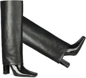 LEHOOR Women Fashion Fold Over Knee High Boots Wide Calf Chunky Block High Heel Square Toe Dress Boots Vintage Pull On Trouser Leg Covered Boots Tall Suede Fall Winter Boot Chic Retro 4-12 M US