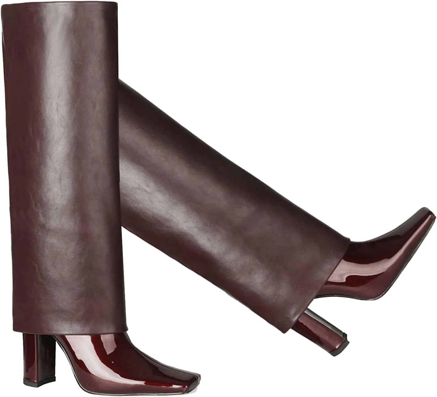 LEHOOR Women Fashion Fold Over Knee High Boots Wide Calf Chunky Block High Heel Square Toe Dress Boots Vintage Pull On Trouser Leg Covered Boots Tall Suede Fall Winter Boot Chic Retro 4-12 M US