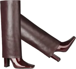 LEHOOR Women Fashion Fold Over Knee High Boots Wide Calf Chunky Block High Heel Square Toe Dress Boots Vintage Pull On Trouser Leg Covered Boots Tall Suede Fall Winter Boot Chic Retro 4-12 M US