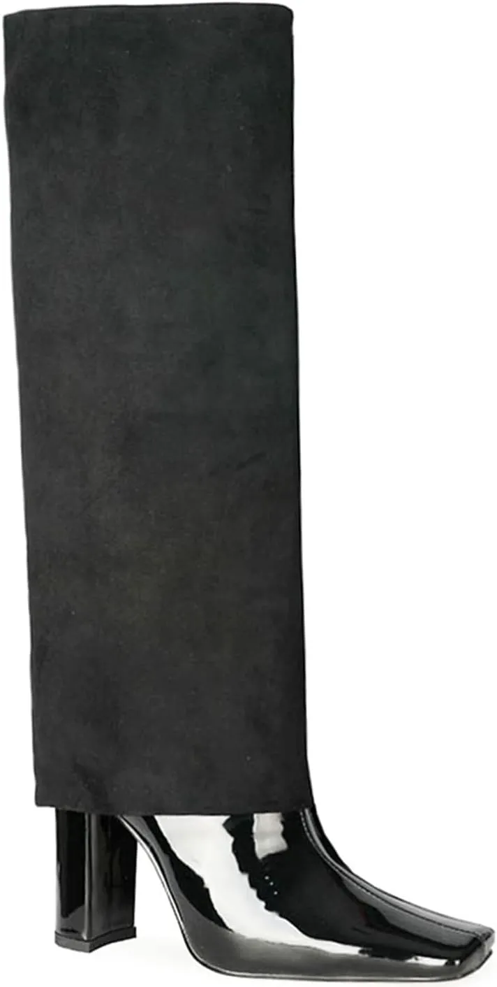 LEHOOR Women Fashion Fold Over Knee High Boots Wide Calf Chunky Block High Heel Square Toe Dress Boots Vintage Pull On Trouser Leg Covered Boots Tall Suede Fall Winter Boot Chic Retro 4-12 M US