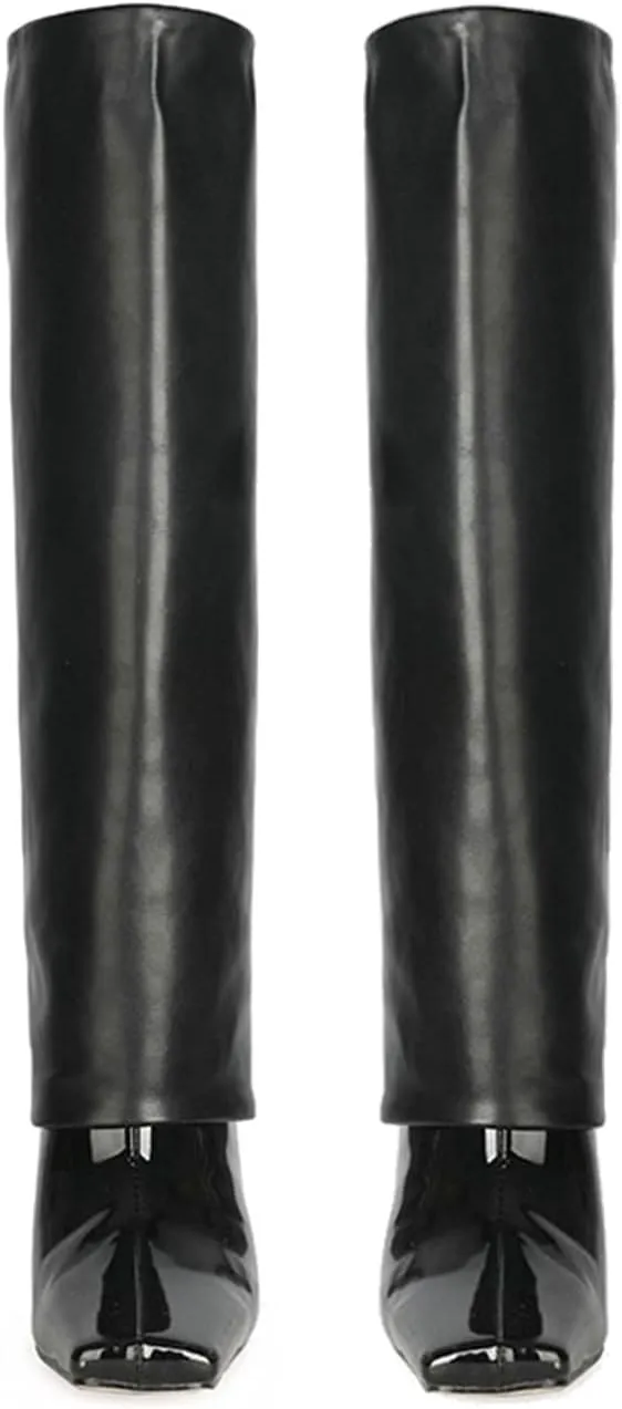 LEHOOR Women Fashion Fold Over Knee High Boots Wide Calf Chunky Block High Heel Square Toe Dress Boots Vintage Pull On Trouser Leg Covered Boots Tall Suede Fall Winter Boot Chic Retro 4-12 M US