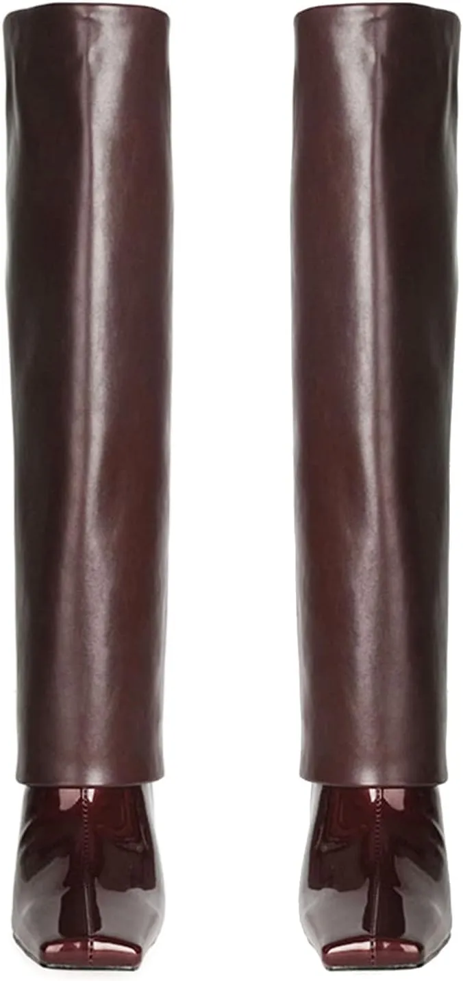 LEHOOR Women Fashion Fold Over Knee High Boots Wide Calf Chunky Block High Heel Square Toe Dress Boots Vintage Pull On Trouser Leg Covered Boots Tall Suede Fall Winter Boot Chic Retro 4-12 M US