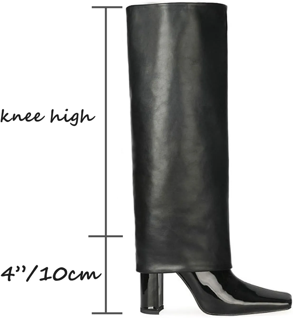 LEHOOR Women Fashion Fold Over Knee High Boots Wide Calf Chunky Block High Heel Square Toe Dress Boots Vintage Pull On Trouser Leg Covered Boots Tall Suede Fall Winter Boot Chic Retro 4-12 M US