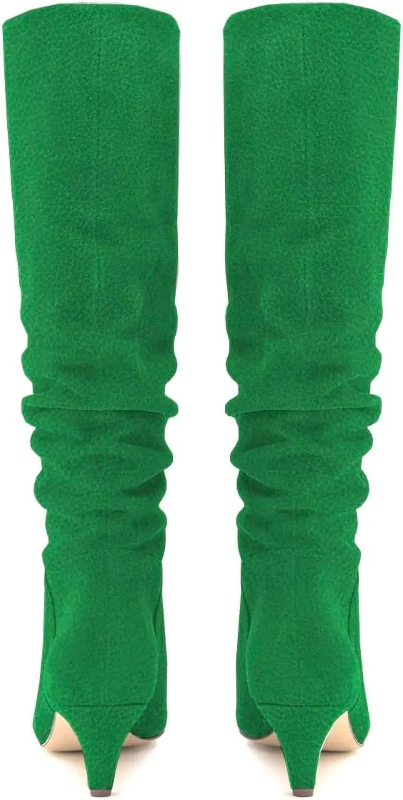 LEHOOR Women Low Kitten Heel Knee High Boots Pointed Toe Suede Slouch Dress Boots Pull On Short Heel Wide Calf 4-11 M US