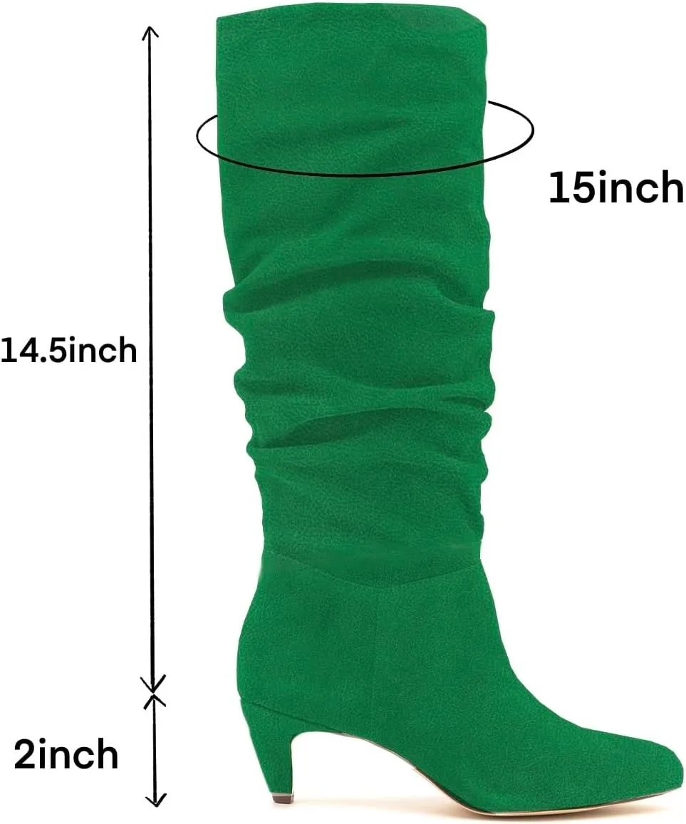 LEHOOR Women Low Kitten Heel Knee High Boots Pointed Toe Suede Slouch Dress Boots Pull On Short Heel Wide Calf 4-11 M US