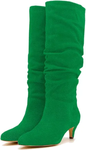LEHOOR Women Low Kitten Heel Knee High Boots Pointed Toe Suede Slouch Dress Boots Pull On Short Heel Wide Calf 4-11 M US