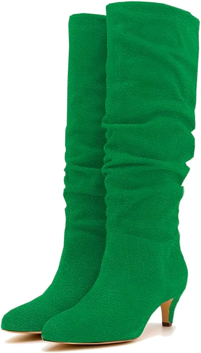 LEHOOR Women Low Kitten Heel Knee High Boots Pointed Toe Suede Slouch Dress Boots Pull On Short Heel Wide Calf 4-11 M US