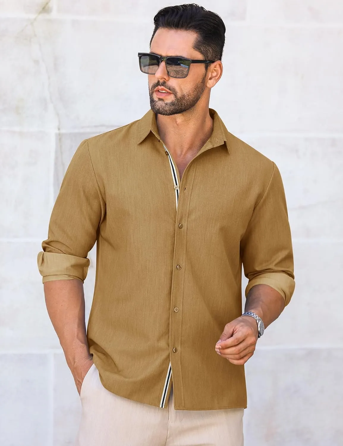 LETSEE Mens Casual Button Down Shirt Untucked Long Sleeve Denim Textured Shirt Strech Wrinkle-Free Dress Shirt