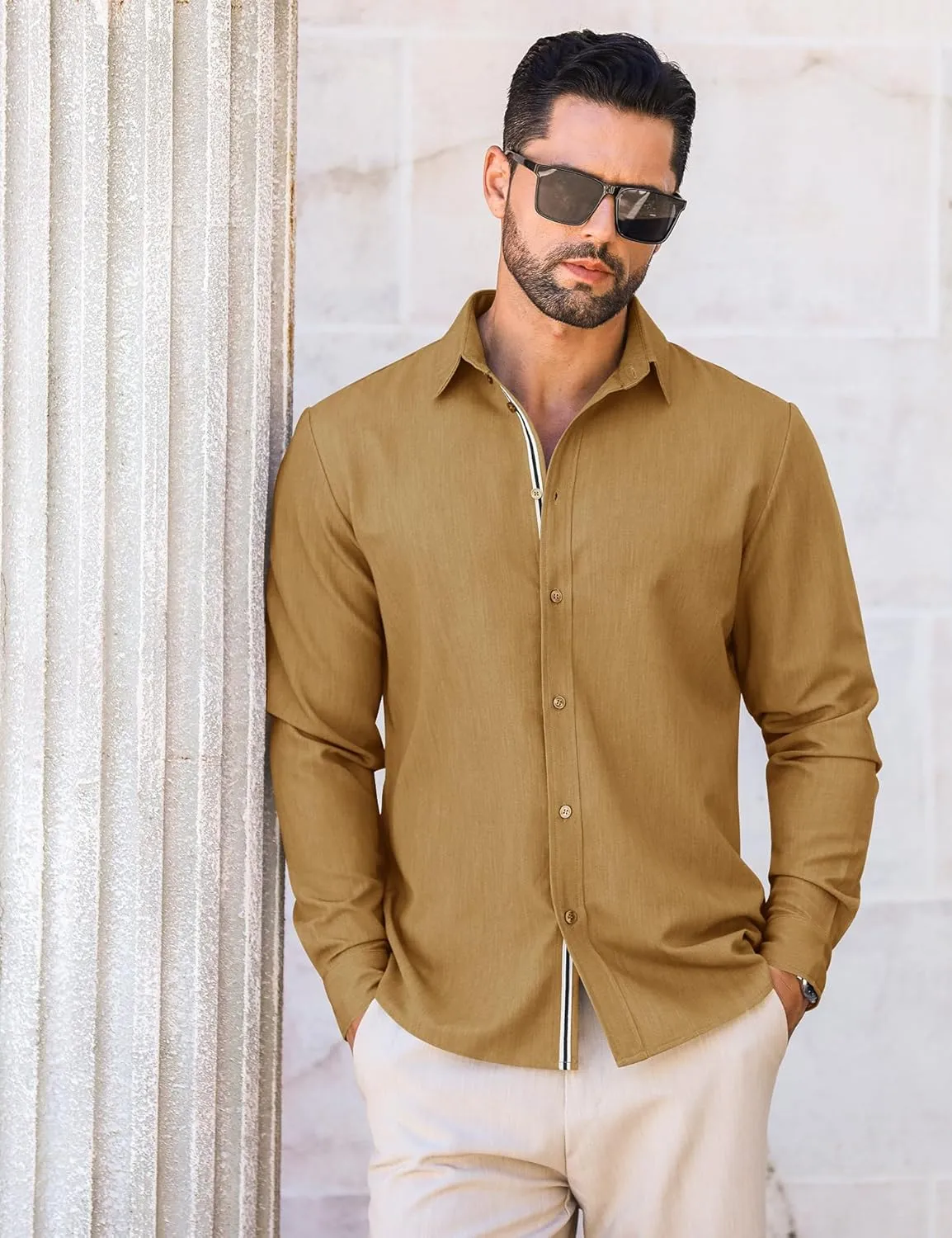 LETSEE Mens Casual Button Down Shirt Untucked Long Sleeve Denim Textured Shirt Strech Wrinkle-Free Dress Shirt