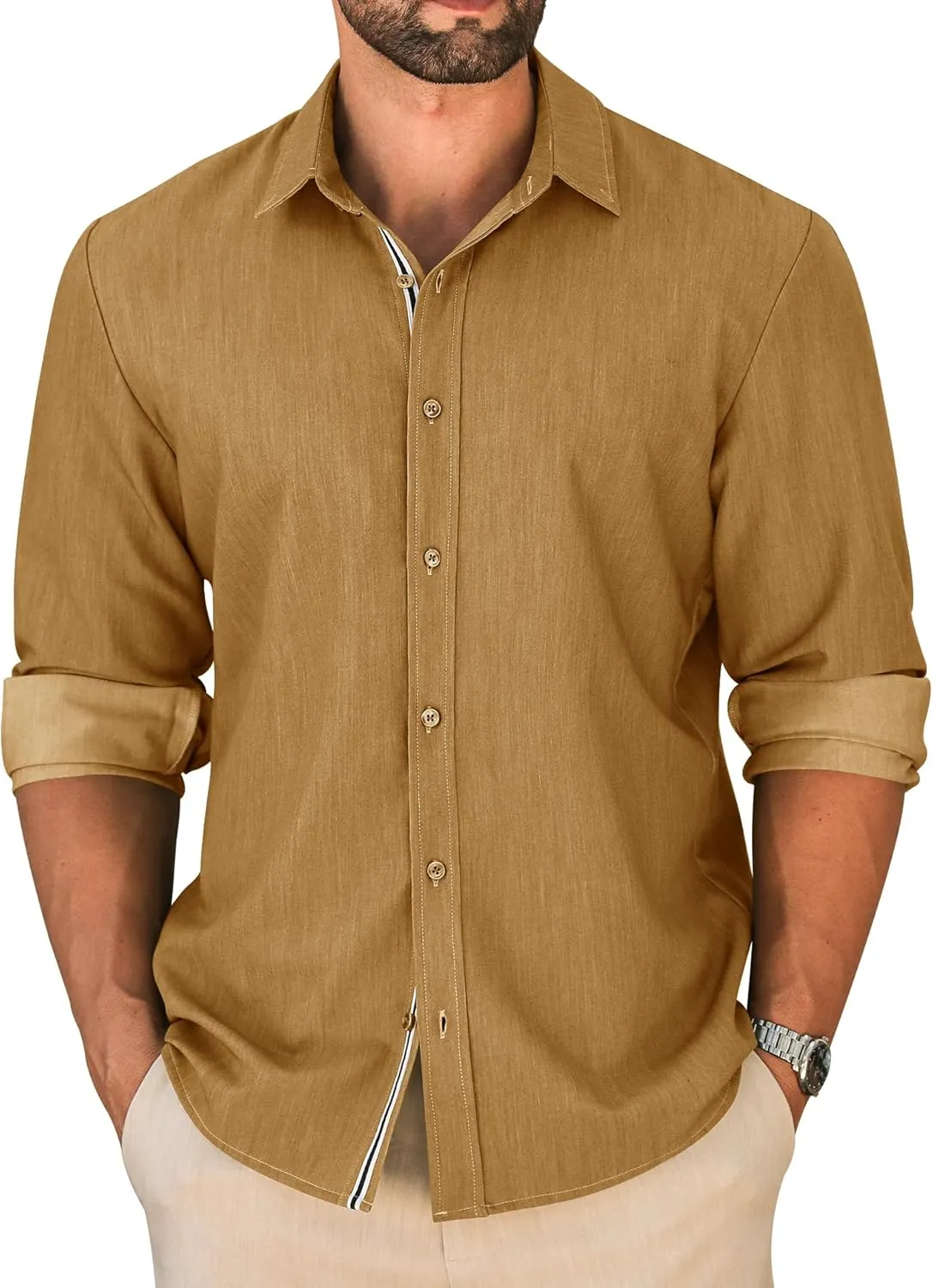 LETSEE Mens Casual Button Down Shirt Untucked Long Sleeve Denim Textured Shirt Strech Wrinkle-Free Dress Shirt