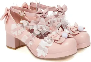 Loafers for Women Cross Strap High Heels for Women Elegant Pumps with Ruffles and Bow for Party, Wedding, and Cosplay