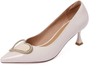 Loafers for Women Heart Shaped Pearls Kitten High Heels for Women Stylish Split Leather Spring/Fall Shallow Pumps for Parties and Dressy Occasions