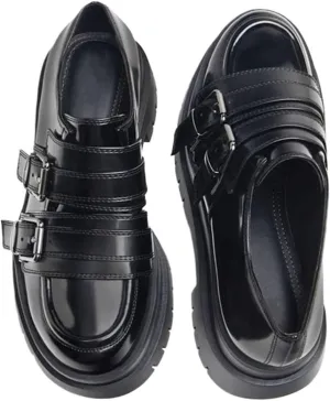 Loafers for Women Women's First Layer Cowhide Buckle Platform Leather Shoes - Retro British Style Flat Heel for Spring and Summer