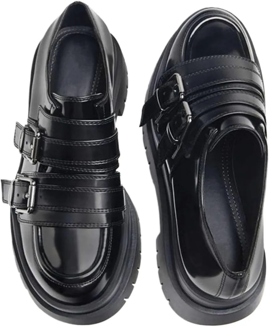 Loafers for Women Women's First Layer Cowhide Buckle Platform Leather Shoes - Retro British Style Flat Heel for Spring and Summer