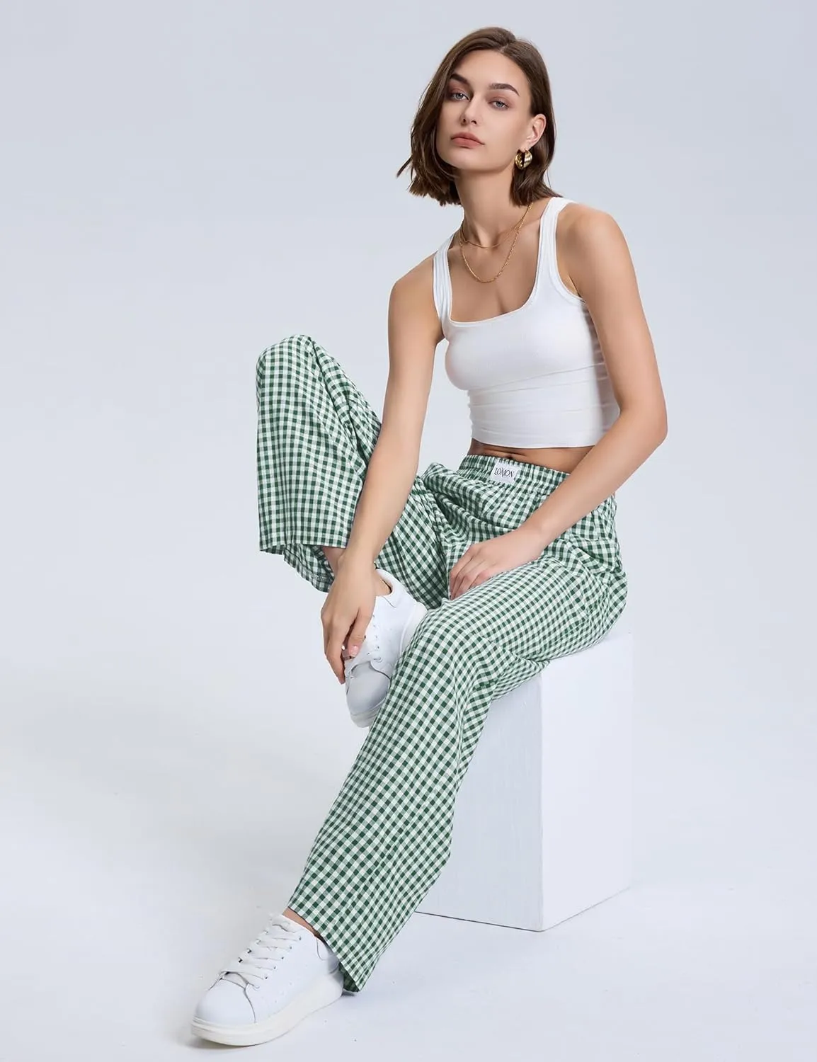 LOMON Women's Striped Gingham Boxer Pants Cotton Pajama Lounge Pj Casual Plaid Trousers Y2K Beach Bottoms with Pockets