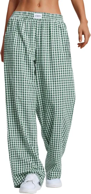 LOMON Women's Striped Gingham Boxer Pants Cotton Pajama Lounge Pj Casual Plaid Trousers Y2K Beach Bottoms with Pockets
