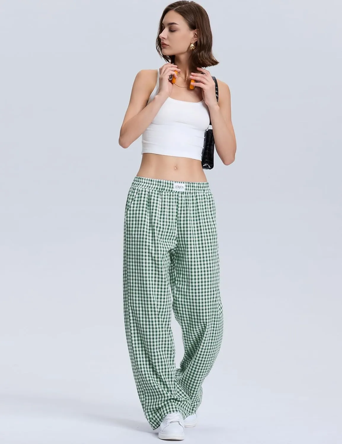 LOMON Women's Striped Gingham Boxer Pants Cotton Pajama Lounge Pj Casual Plaid Trousers Y2K Beach Bottoms with Pockets