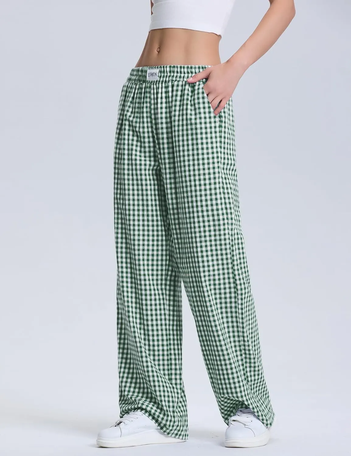 LOMON Women's Striped Gingham Boxer Pants Cotton Pajama Lounge Pj Casual Plaid Trousers Y2K Beach Bottoms with Pockets