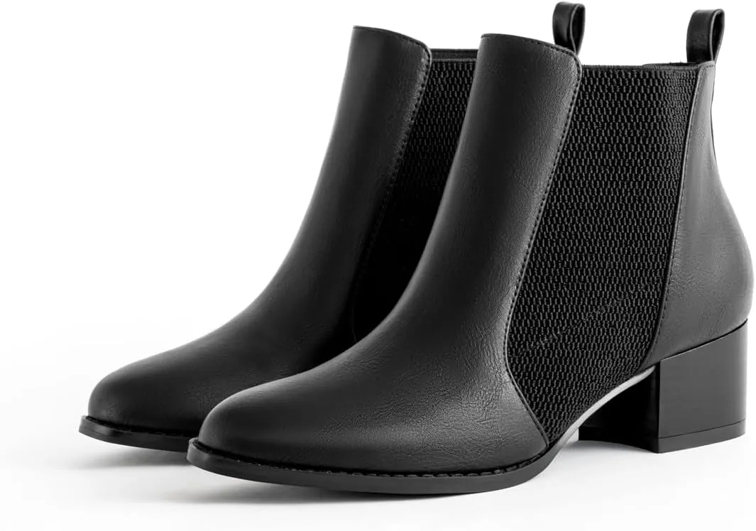 Low Heel Ankle Boots for Women Chunky Block Heel Elastic Gore Chelsea Boots Slip On Comfortable Short Boots Round Toe Black Brown Heeled Booties for Fall Winter