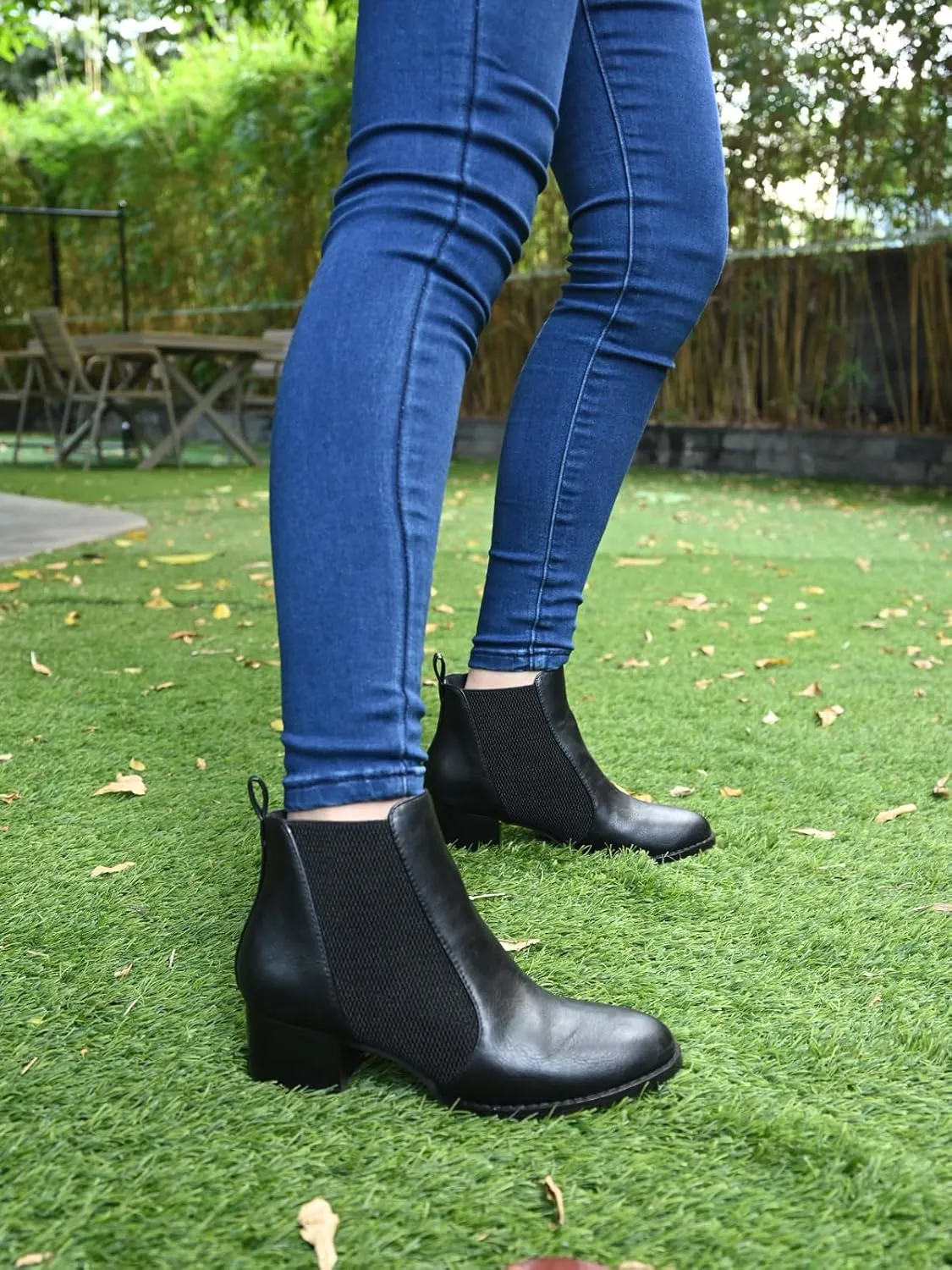 Low Heel Ankle Boots for Women Chunky Block Heel Elastic Gore Chelsea Boots Slip On Comfortable Short Boots Round Toe Black Brown Heeled Booties for Fall Winter