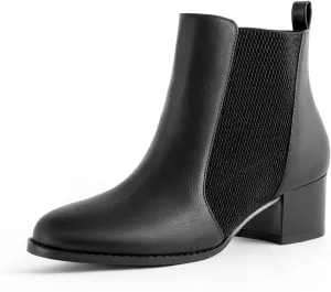 Low Heel Ankle Boots for Women Chunky Block Heel Elastic Gore Chelsea Boots Slip On Comfortable Short Boots Round Toe Black Brown Heeled Booties for Fall Winter